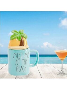 NWT Rae Dunn gorgeous  Blue ￼Meet me at the beach palm tree ceramic mug with lid